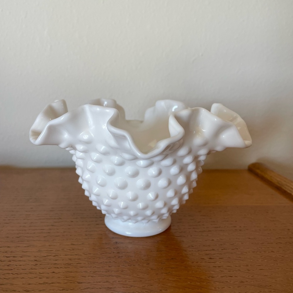 Vintage White Hobnail Ruffled Milk Glass Vase